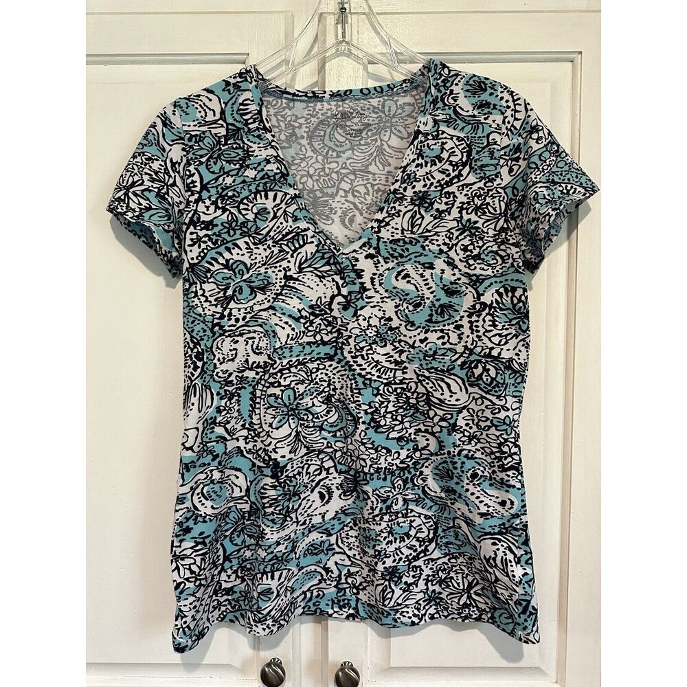 Lilly Pulitzer HIPPY HIPPY SHAKE Michele Shirt Top Size M V neck Cotton Stretch